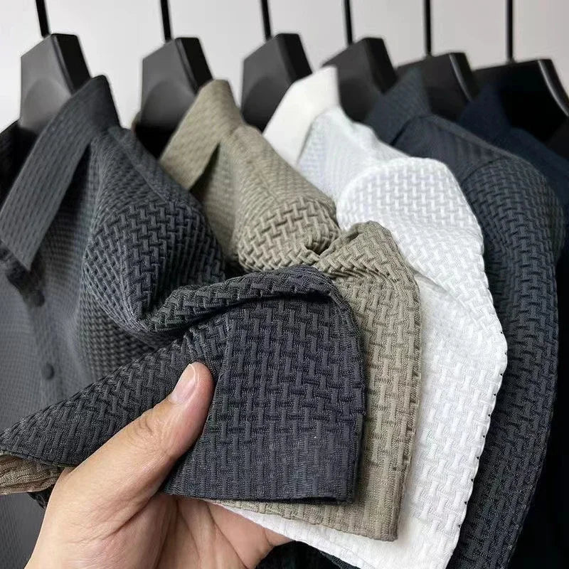 New Men's Business Casual Short Sleeved Bone Flower Solid Color POLO Shirt