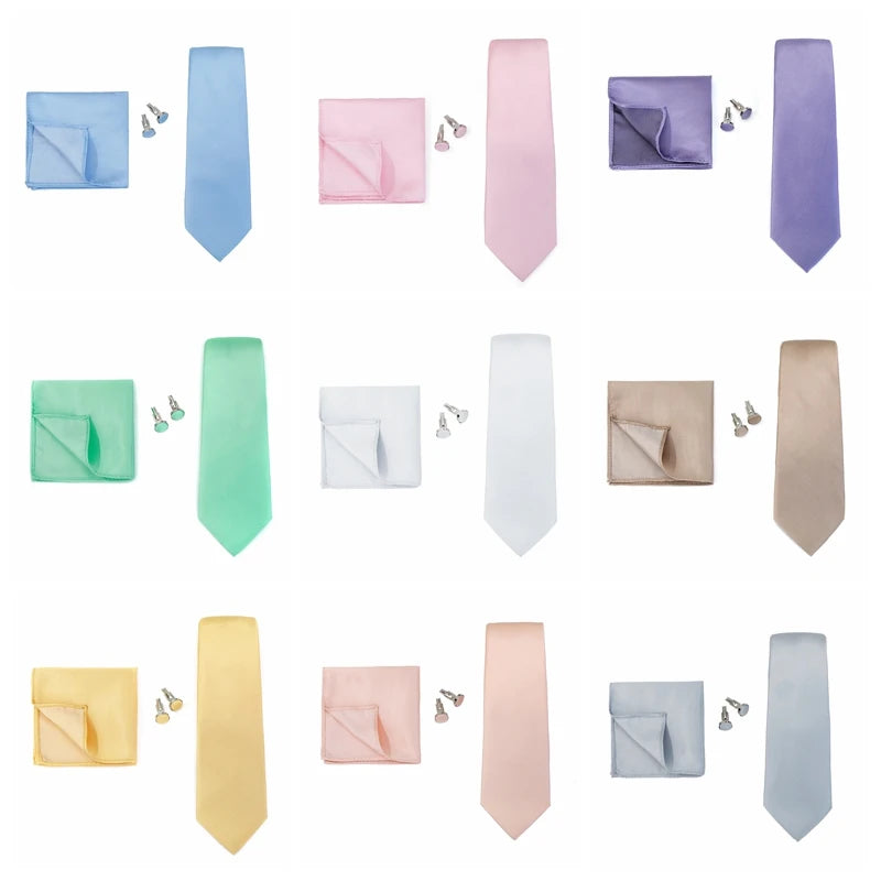 Necktie Fashion Brand Handmade Solid Necktie Handkerchief Cufflinks Set for Men