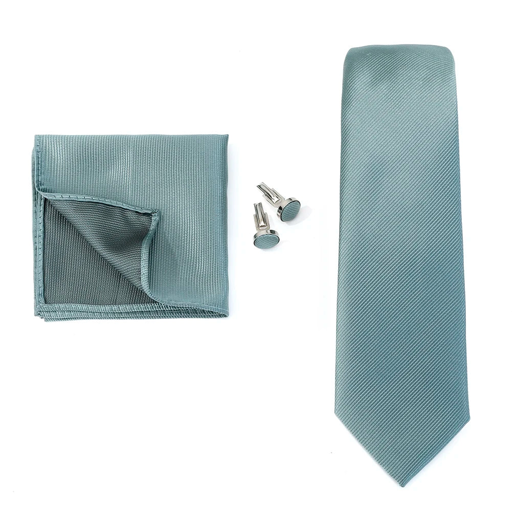 Necktie Fashion Brand Handmade Solid Necktie Handkerchief Cufflinks Set for Men
