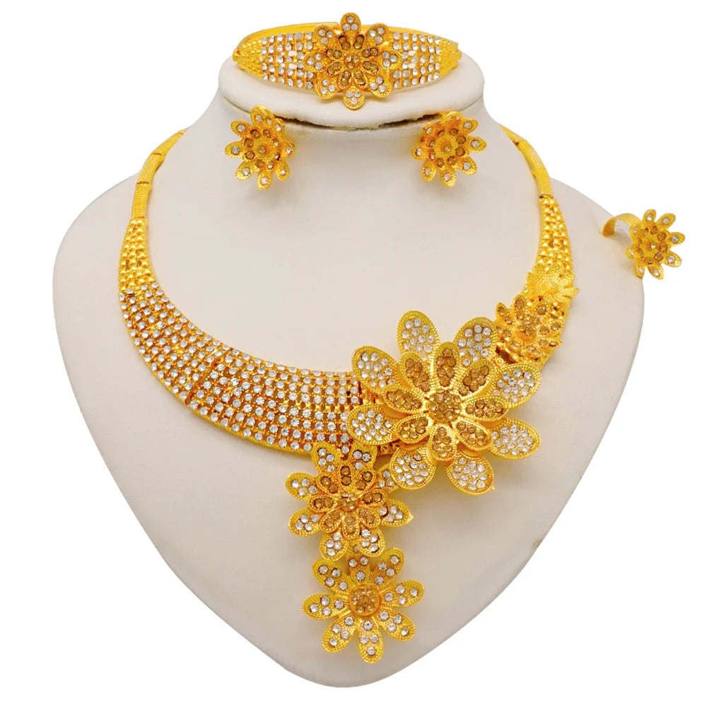 Dubai Gold Color Jewelry Set For Woman Bridal Nigerian African Long Chain Necklace Earrings Bracelet Ring Jewellery Set