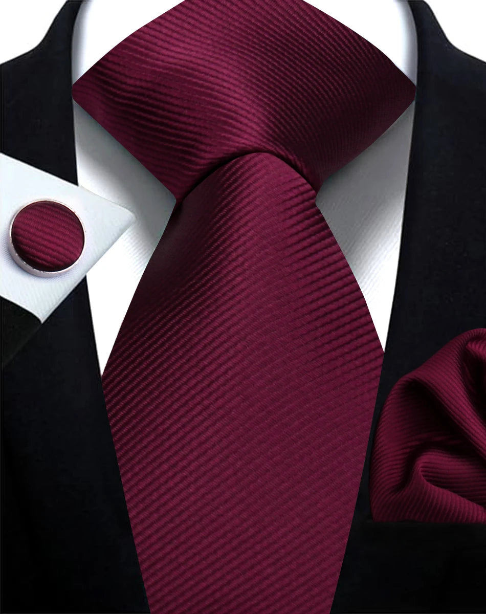 Necktie Fashion Brand Handmade Solid Necktie Handkerchief Cufflinks Set for Men