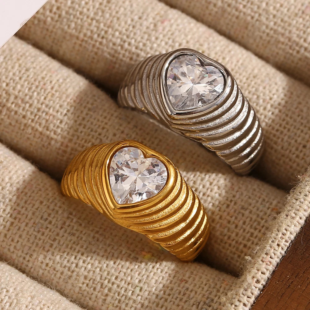 MamacitaSlay New Trends Classic Heart AAA Zircon Wedding Rings 18K Gold Plated Stainless Steel Jewelry Women's High Quality Gift