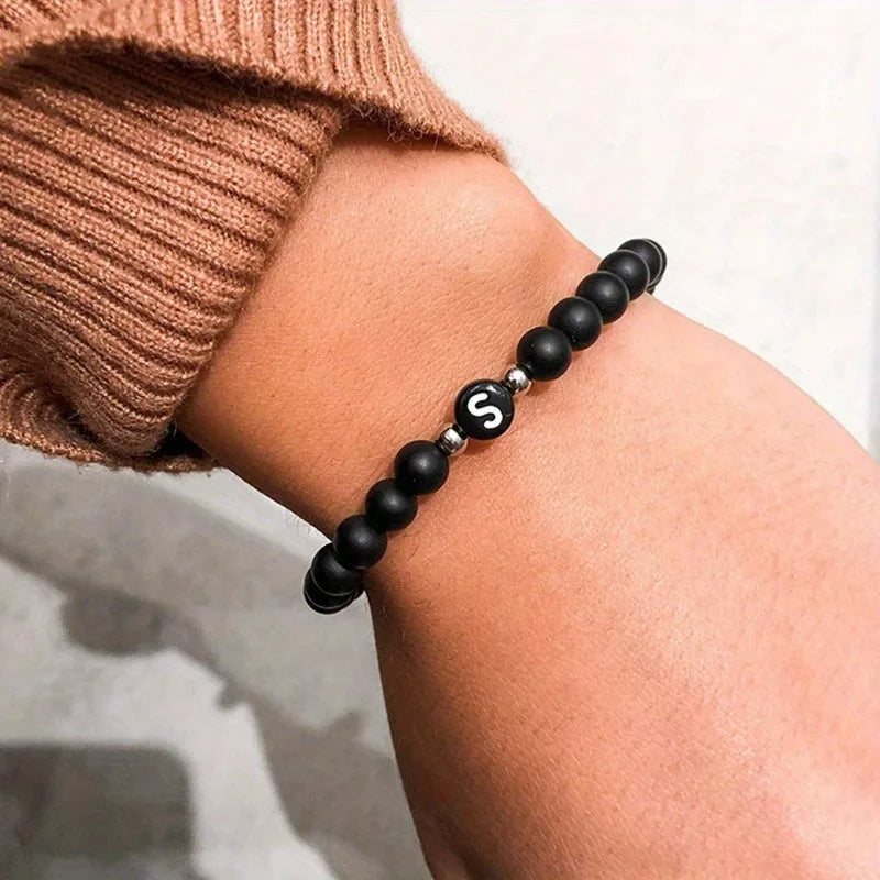 Initial Bracelet for Men and Woman Black Onyx 6mm Beads Bracelet with Letter Relationship Jewelry for Couples Alphabet bracelet