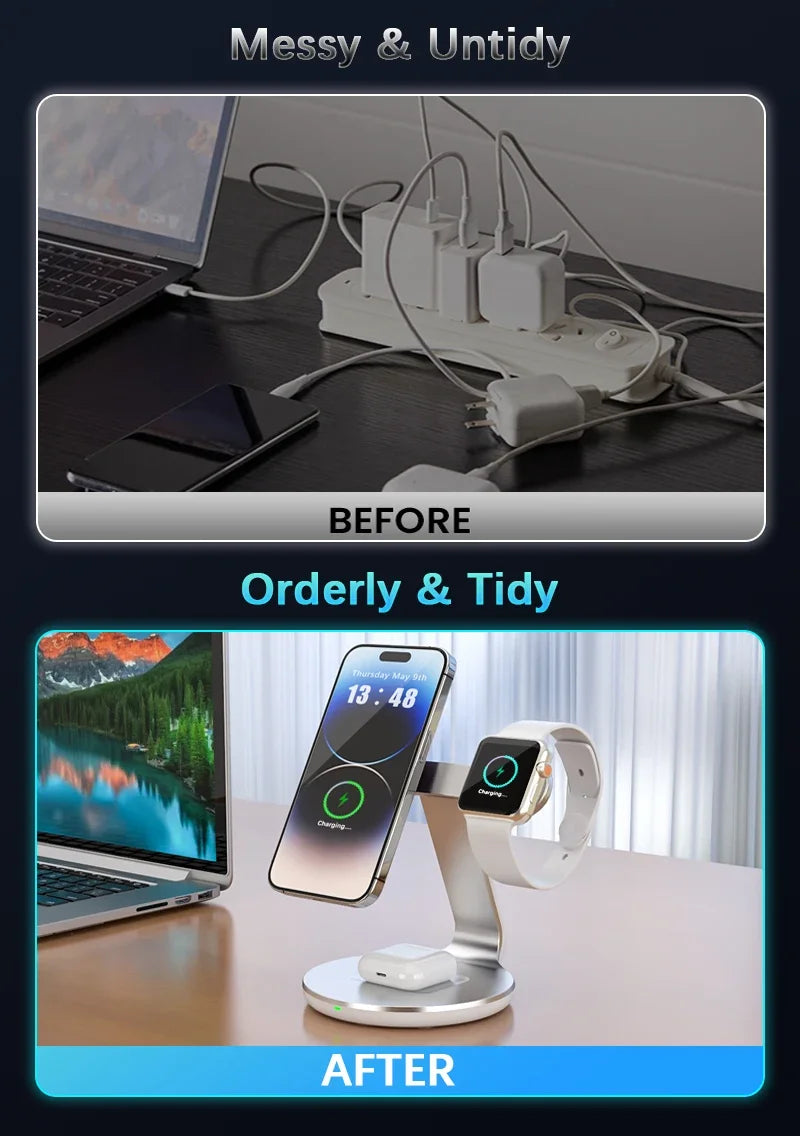 30W 3-in-1 Magnetic Wireless Charger Stand – Fast Charging Station for MagSafe iPhone 16/15/14/13 Pro Max, Apple Watch 8/7 & AirPods Pro