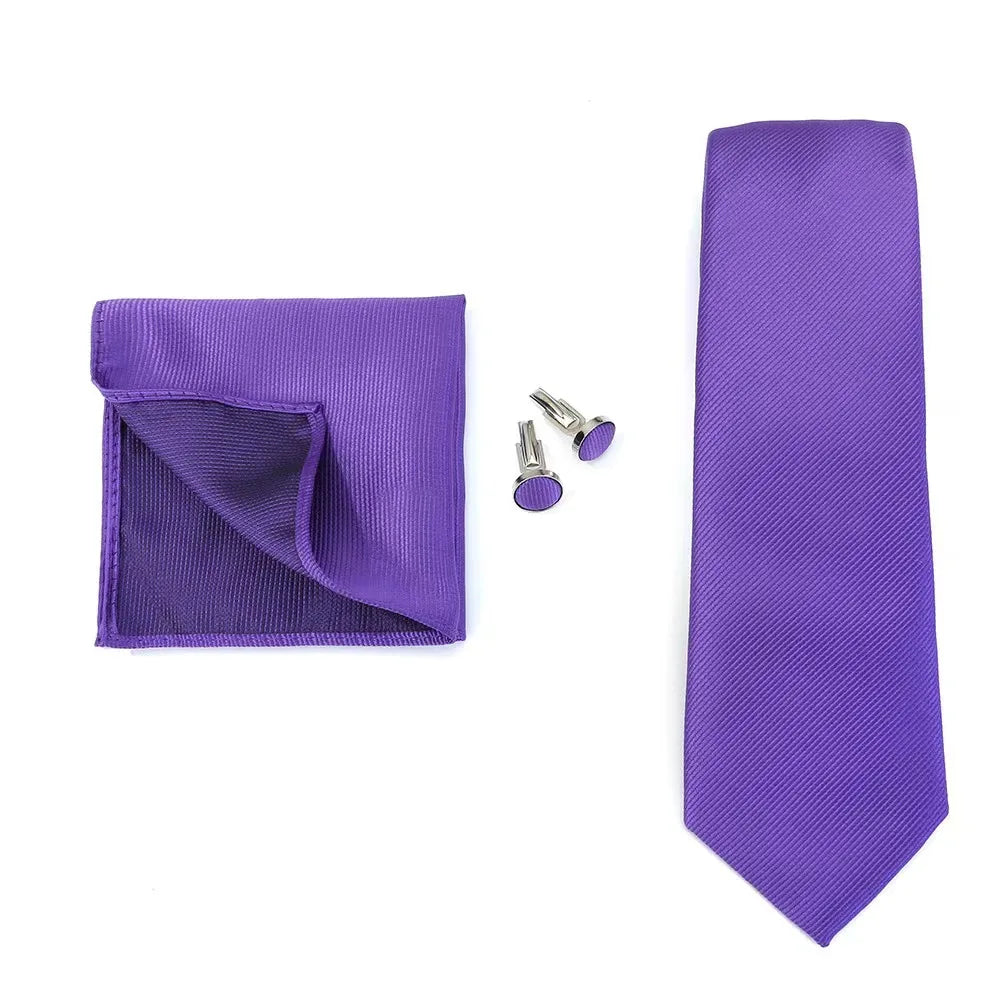 Necktie Fashion Brand Handmade Solid Necktie Handkerchief Cufflinks Set for Men