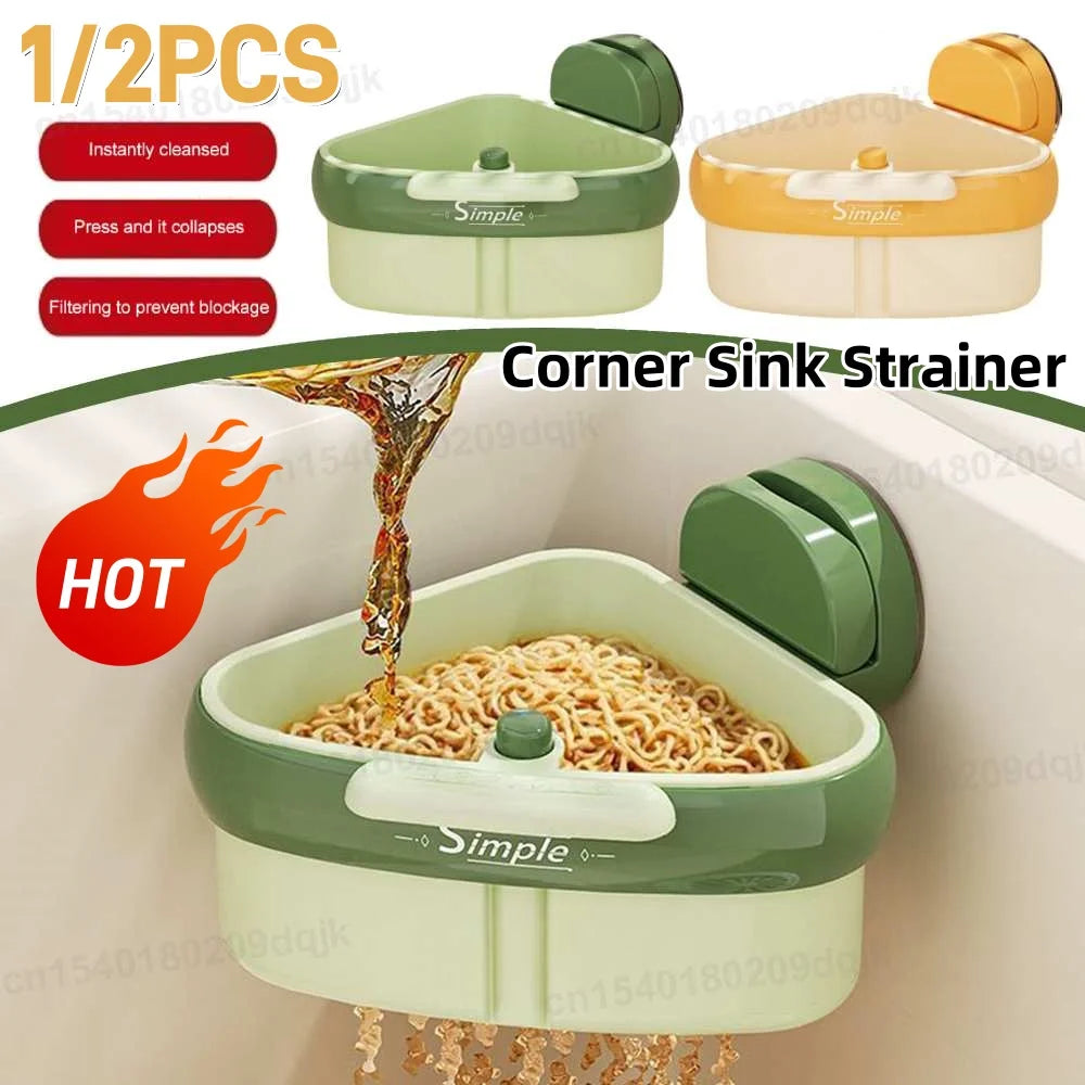 Corner Sink Strainer | Suction Cup Sink Corner Rack | Sinks Trash Waste Catcher | Press Automatic Dumping Sinks Drainer Basket