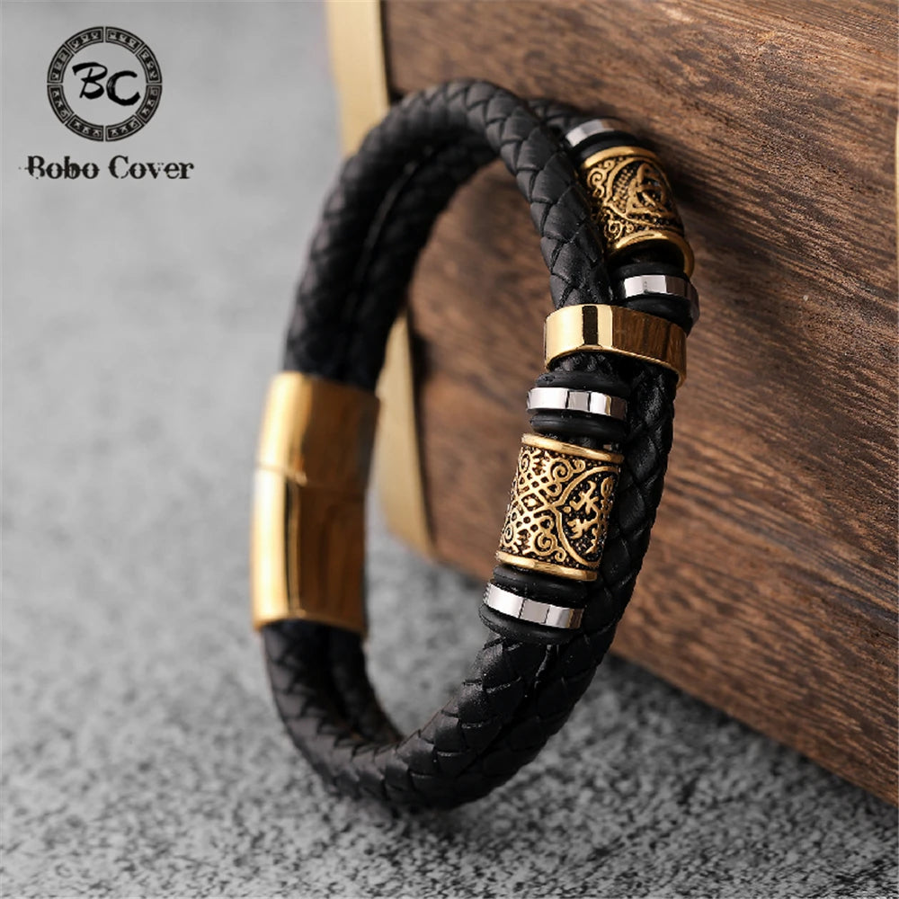 Punk Men Vikings Style Genuine Leather Bracelet Braided Multilayer Stainless Steel Norse Runes Bead Bangles Couple Jewelry Gift
