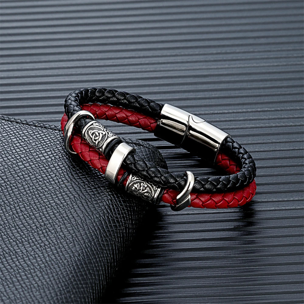 Viking Leather Bracelet for Men – Double Layer Genuine Leather with Norse Runes & Compass Charm