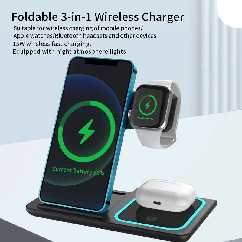 3-in-1 Wireless Charging Station – 15W Fast Foldable Travel Charger for iPhone 12–15, Apple Watch & AirPods | Portable Magnetic Charging Pad