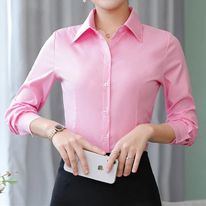 Elegant Woman White Long Sleeve Office Shirt