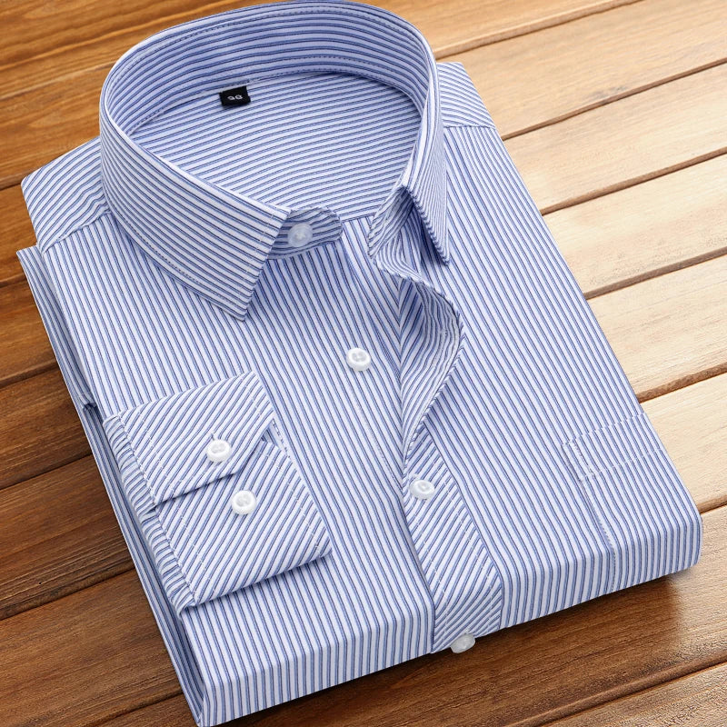 Men's formal long-sleeved office shirt. solid color striped with pockets anti-wrinkle no-iron