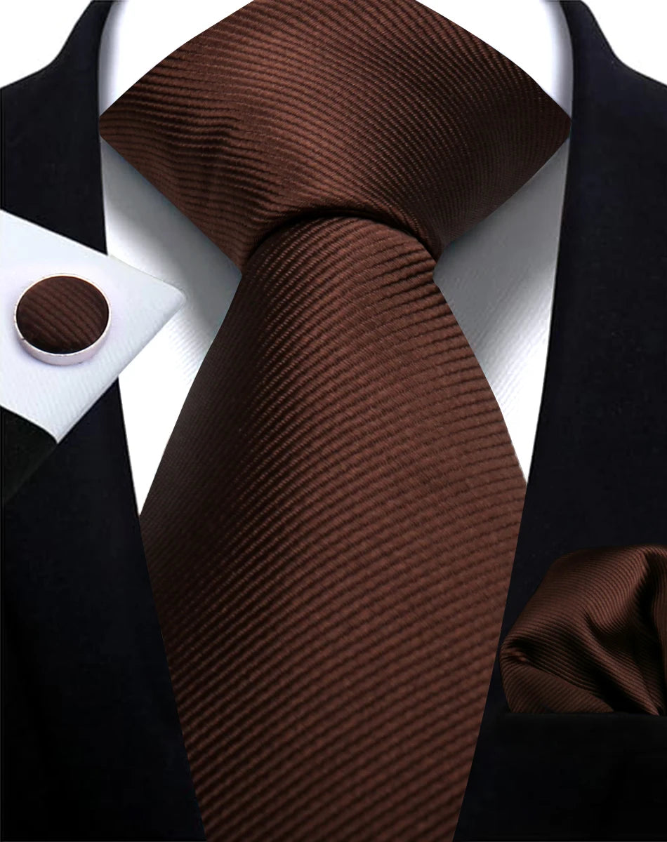 Necktie Fashion Brand Handmade Solid Necktie Handkerchief Cufflinks Set for Men