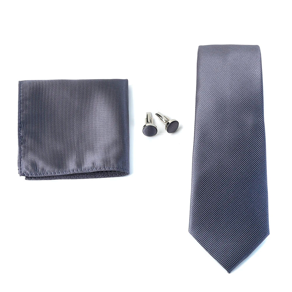 Necktie Fashion Brand Handmade Solid Necktie Handkerchief Cufflinks Set for Men