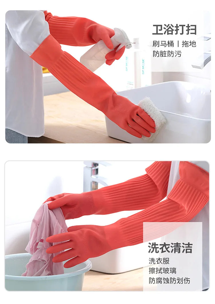 1Pair Lengthen Dishwashing Cleaning Silicone Gloves Rubber Dish Washing Glove Scrubber  for Household Kitchen Clean Tool