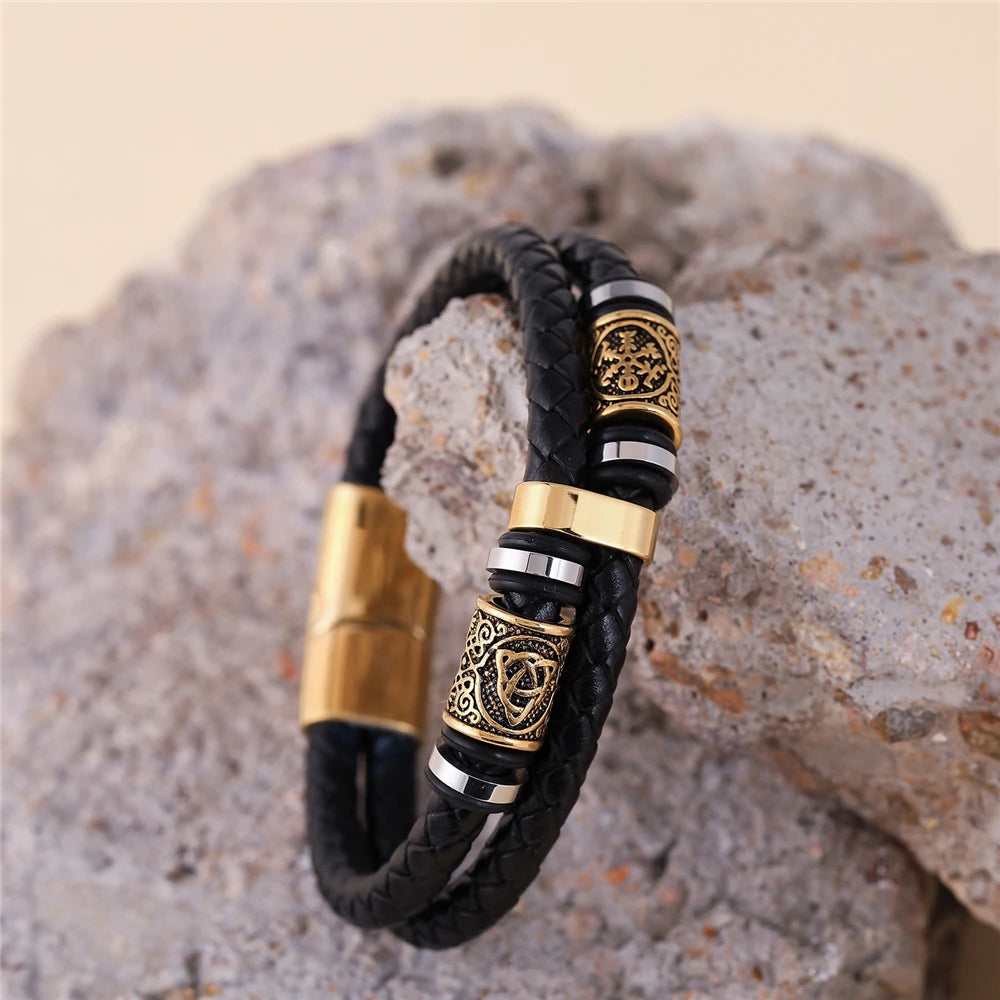 Punk Men Vikings Style Genuine Leather Bracelet Braided Multilayer Stainless Steel Norse Runes Bead Bangles Couple Jewelry Gift