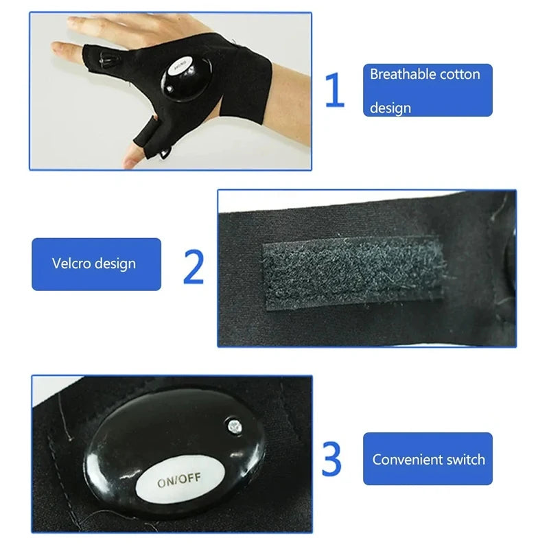 LED Half Finger Gloves – Waterproof Outdoor Flashlight Gloves