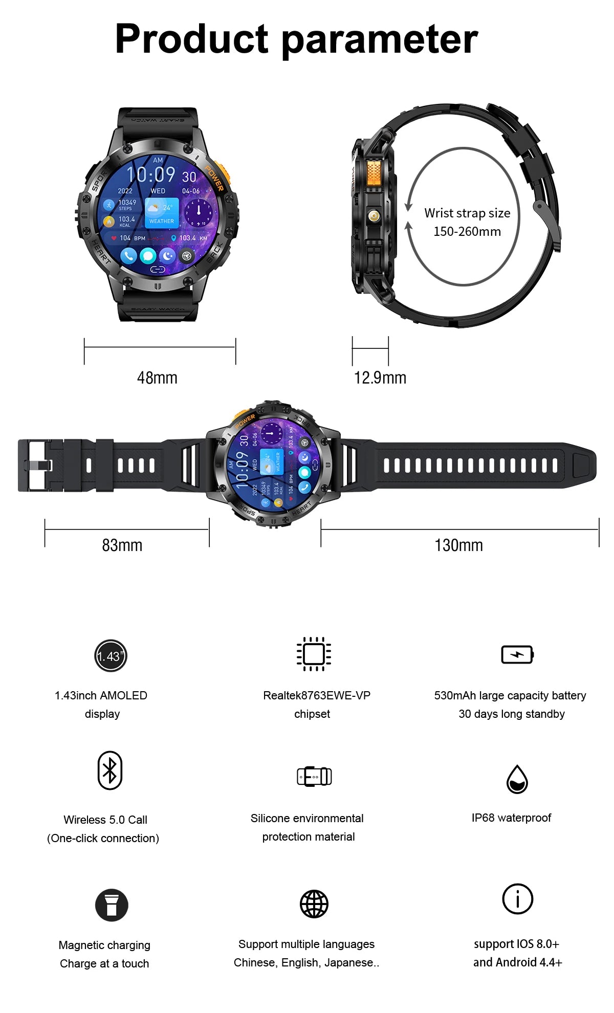 AMOLED Smart Watch for Men with Fitness Tracker.