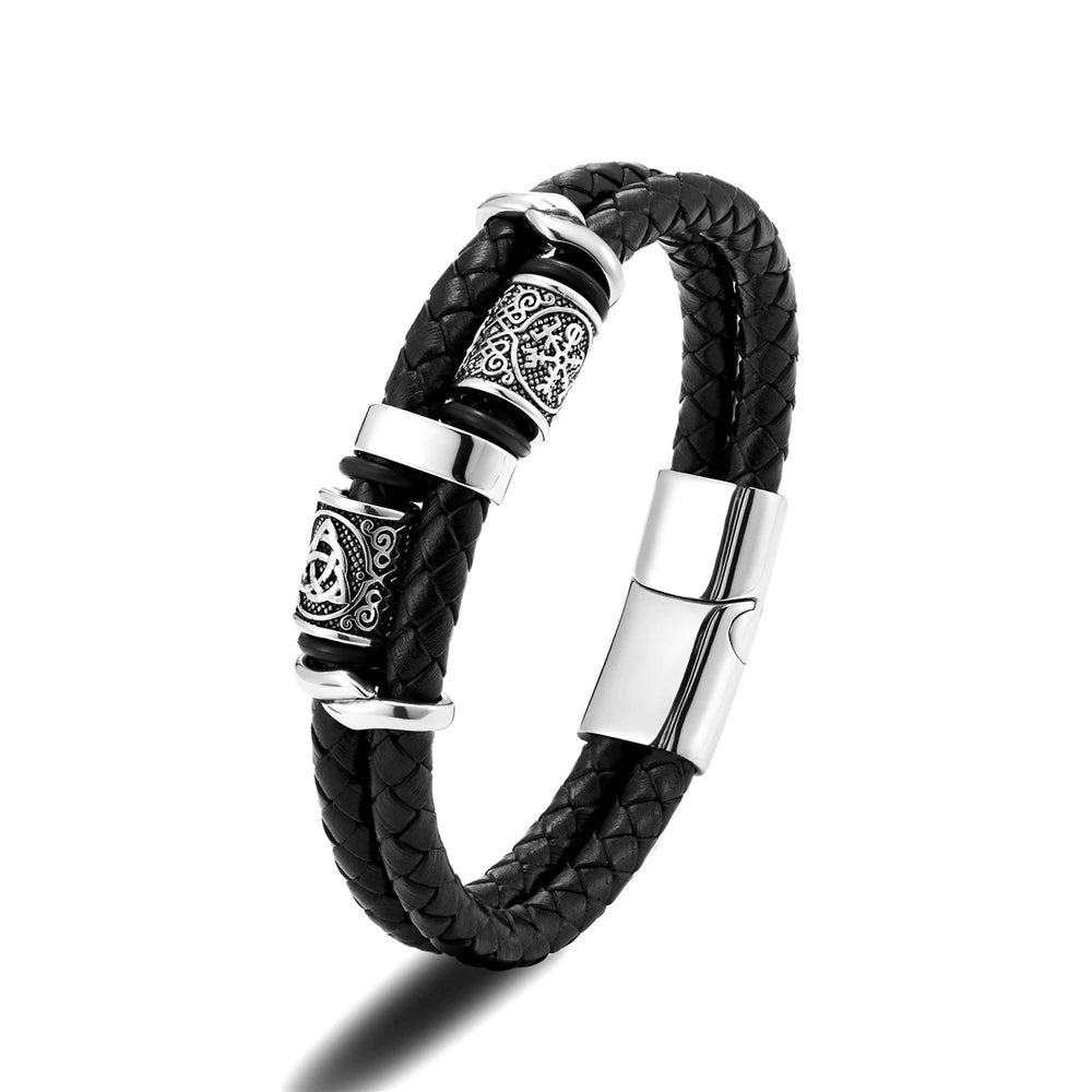 Punk Men Vikings Style Genuine Leather Bracelet Braided Multilayer Stainless Steel Norse Runes Bead Bangles Couple Jewelry Gift