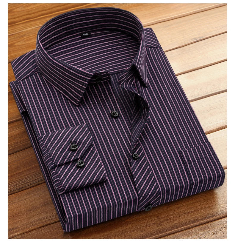 Men's formal long-sleeved office shirt. solid color striped with pockets anti-wrinkle no-iron