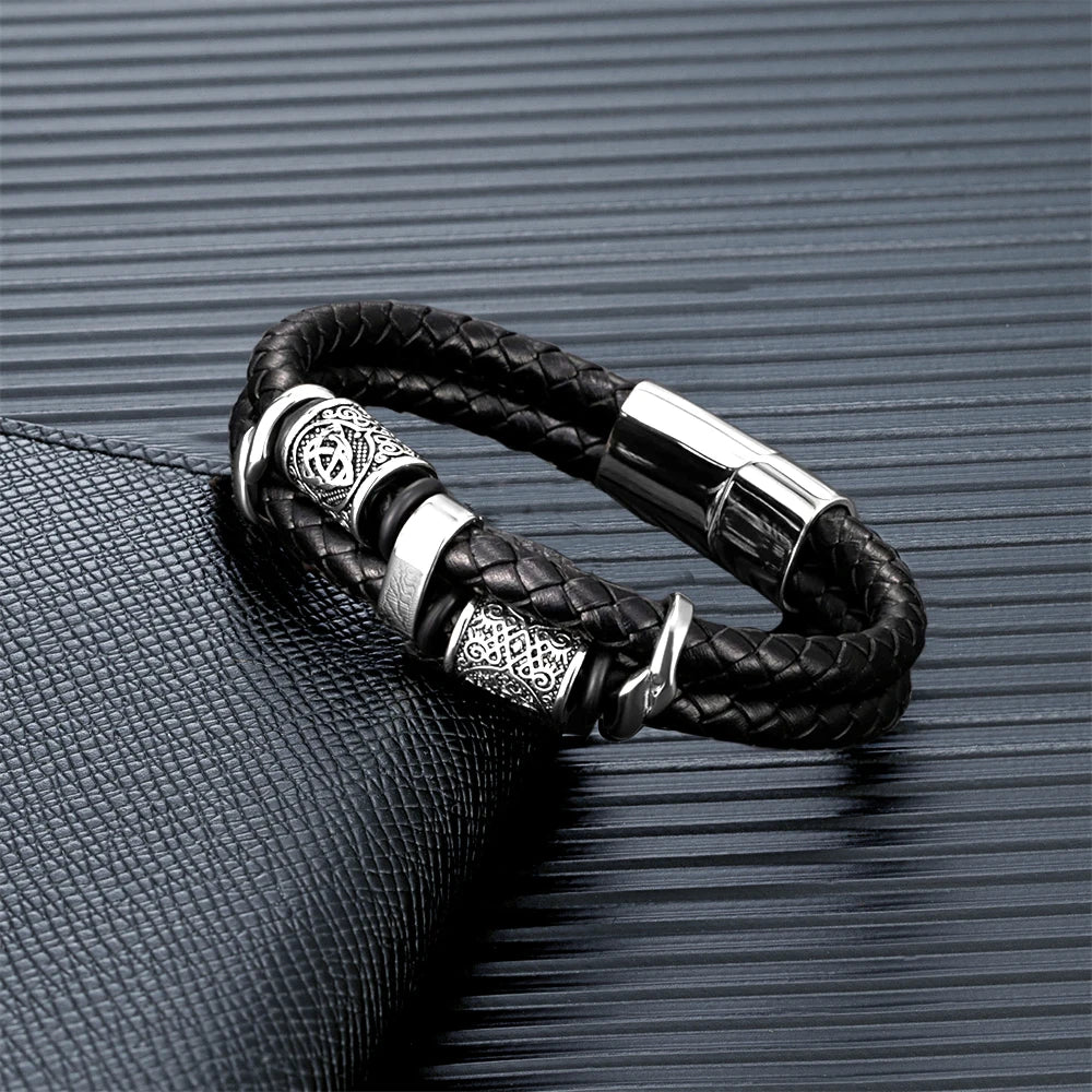 Viking Leather Bracelet for Men – Double Layer Genuine Leather with Norse Runes & Compass Charm