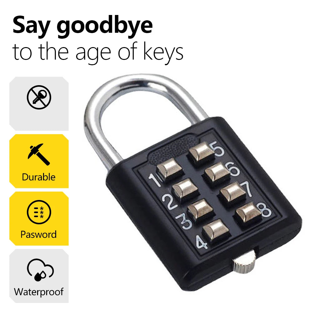8-digit Combination Outdoor Button Waterproof Fixed Random Code Padlock Zinc Alloy Luggage Travel Smart Lock With Key Anti-theft