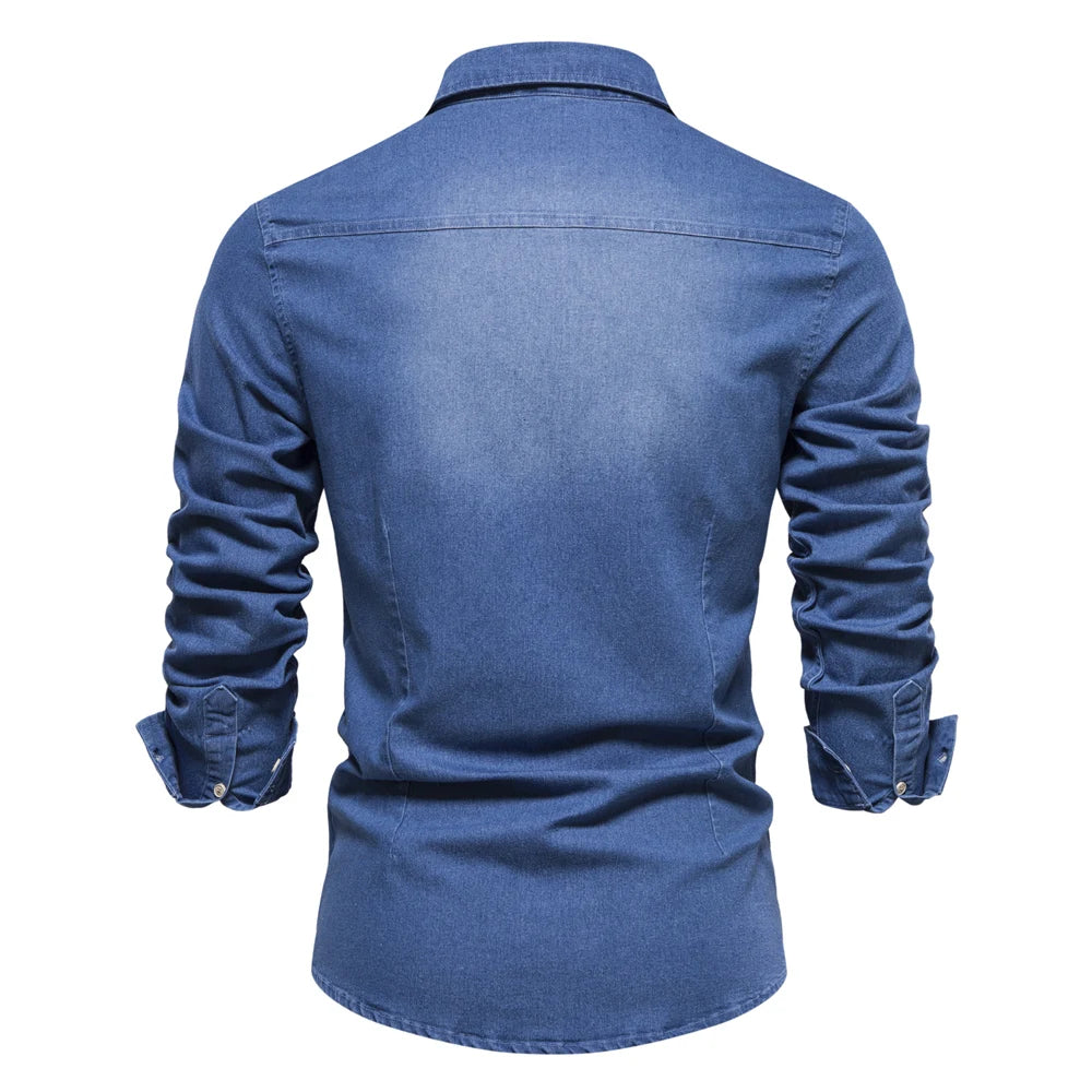 AIOPESON Brand Elastic Cotton Denim Shirt Men Long Sleeve Quality Cowboy Shirts for Men
