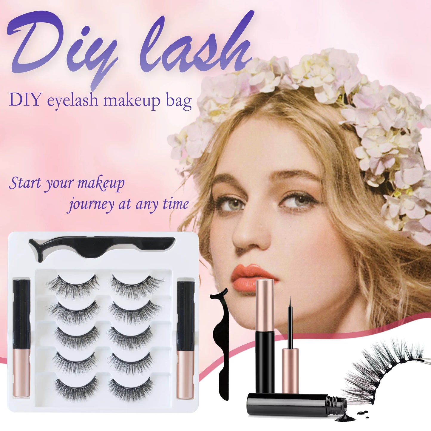 5 rows of 10 pairs of magnetic false eyelashes, 10-15mm, naturally thick and curled black eyelashes, with magnetic eyeliner