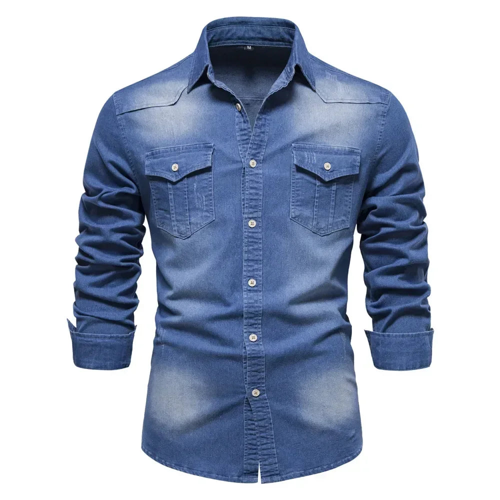 AIOPESON Brand Elastic Cotton Denim Shirt Men Long Sleeve Quality Cowboy Shirts for Men
