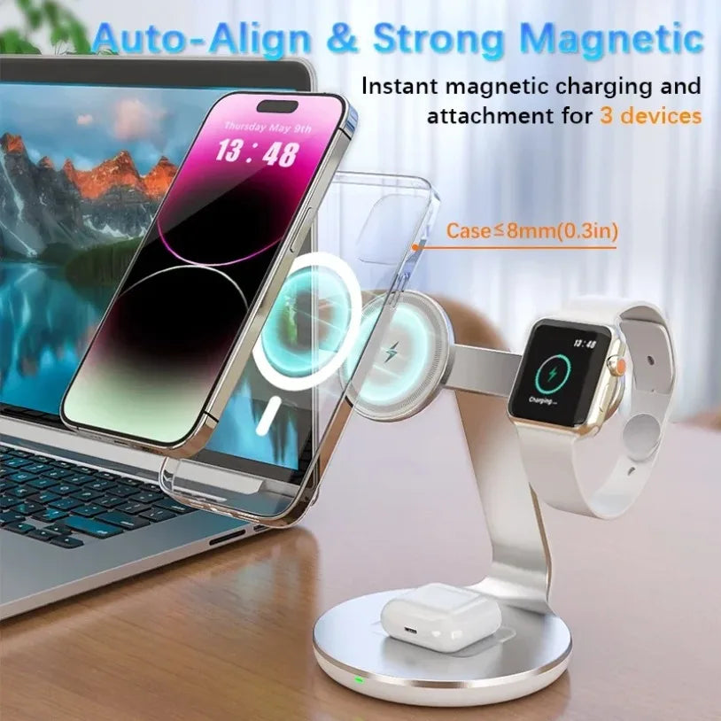30W 3-in-1 Magnetic Wireless Charger Stand – Fast Charging Station for MagSafe iPhone 16/15/14/13 Pro Max, Apple Watch 8/7 & AirPods Pro