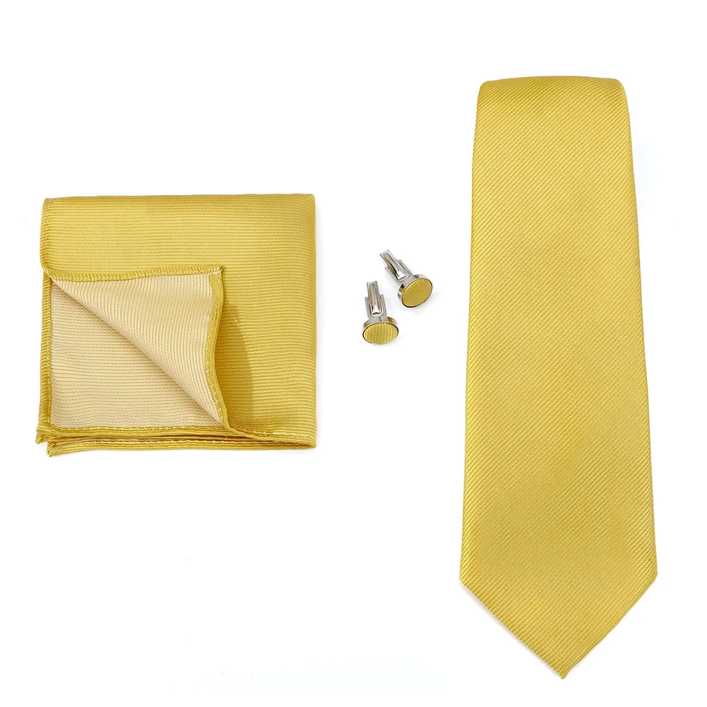 Necktie Fashion Brand Handmade Solid Necktie Handkerchief Cufflinks Set for Men
