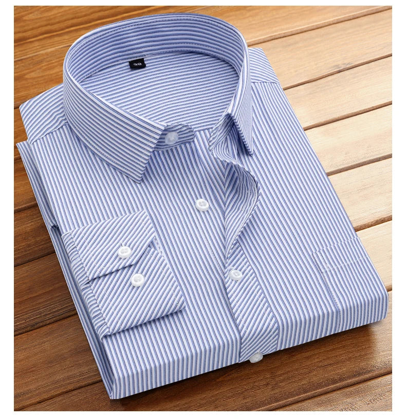 Men's formal long-sleeved office shirt. solid color striped with pockets anti-wrinkle no-iron