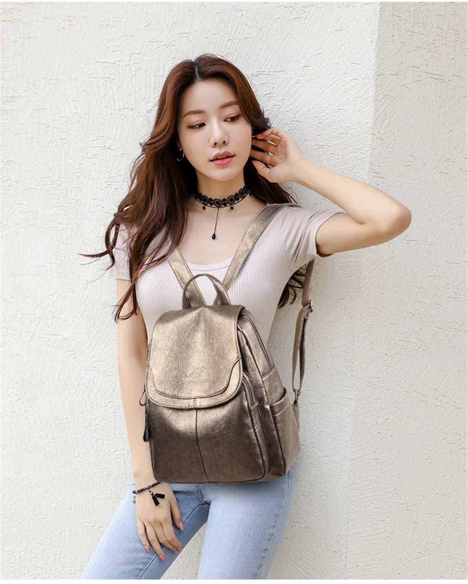 Ladies Bookbag Rucksack Women Large Capacity Backpack Purses High Quality PU Leather Female Vintage School Bags Travel Bagpack