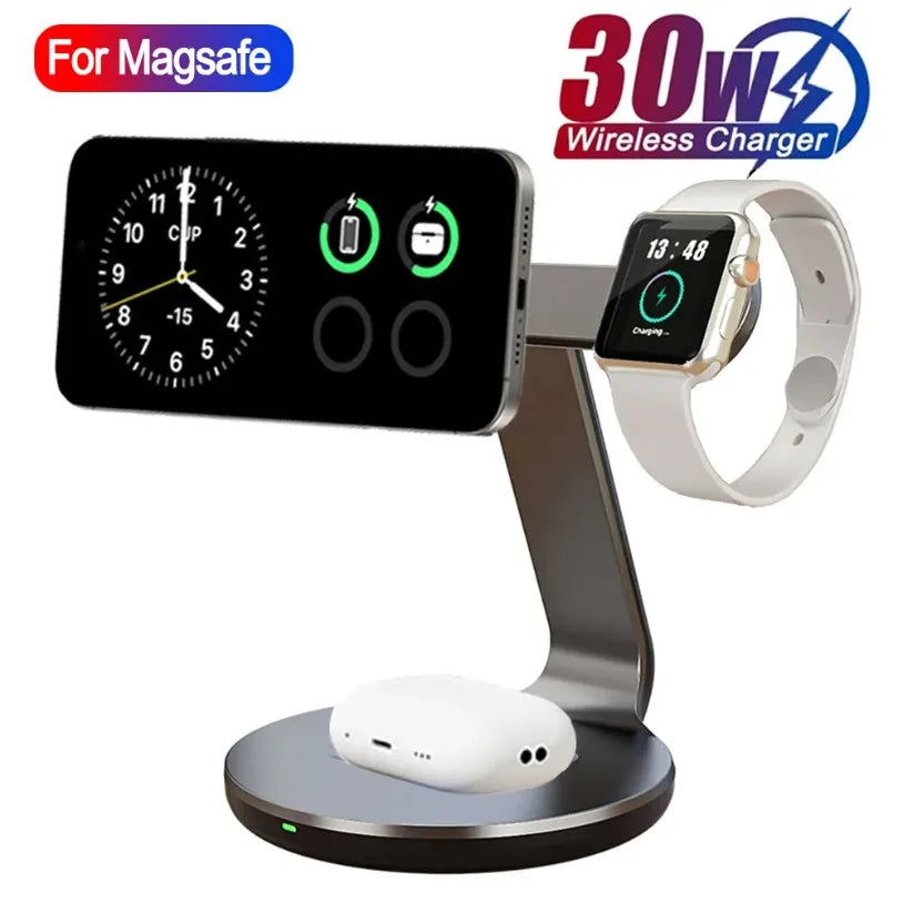 30W 3-in-1 Magnetic Wireless Charger Stand – Fast Charging Station for MagSafe iPhone 16/15/14/13 Pro Max, Apple Watch 8/7 & AirPods Pro