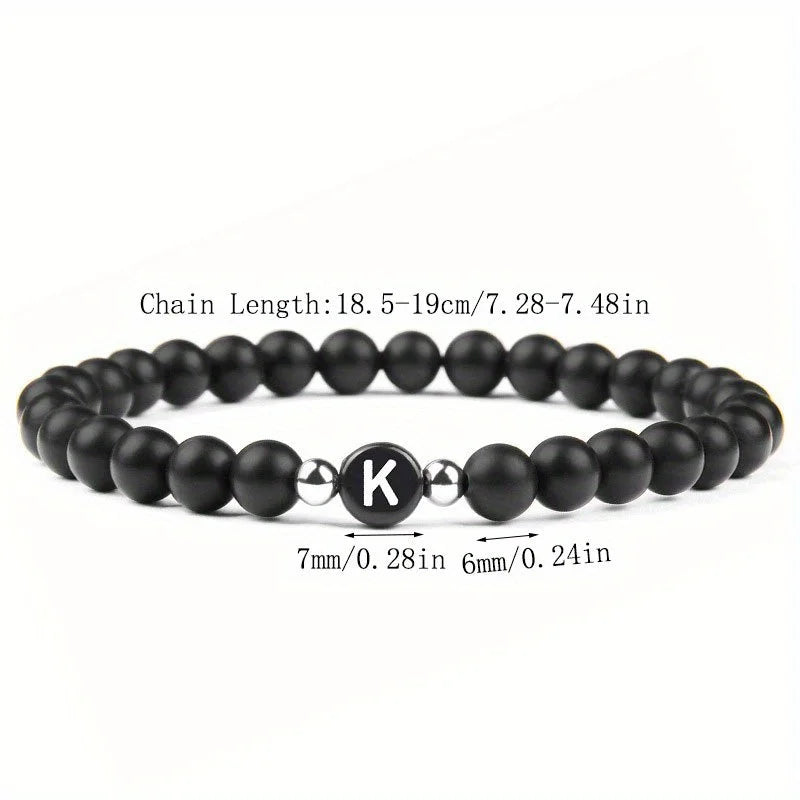 Initial Bracelet for Men and Woman Black Onyx 6mm Beads Bracelet with Letter Relationship Jewelry for Couples Alphabet bracelet