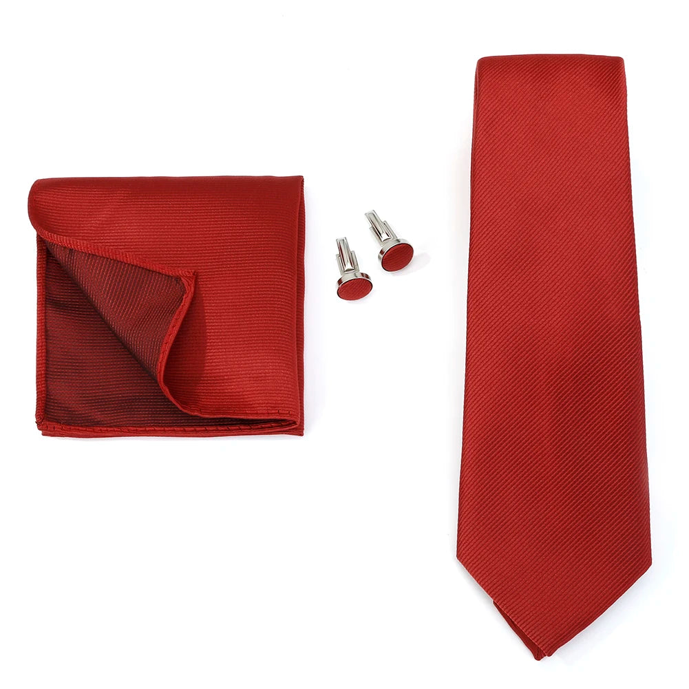 Necktie Fashion Brand Handmade Solid Necktie Handkerchief Cufflinks Set for Men