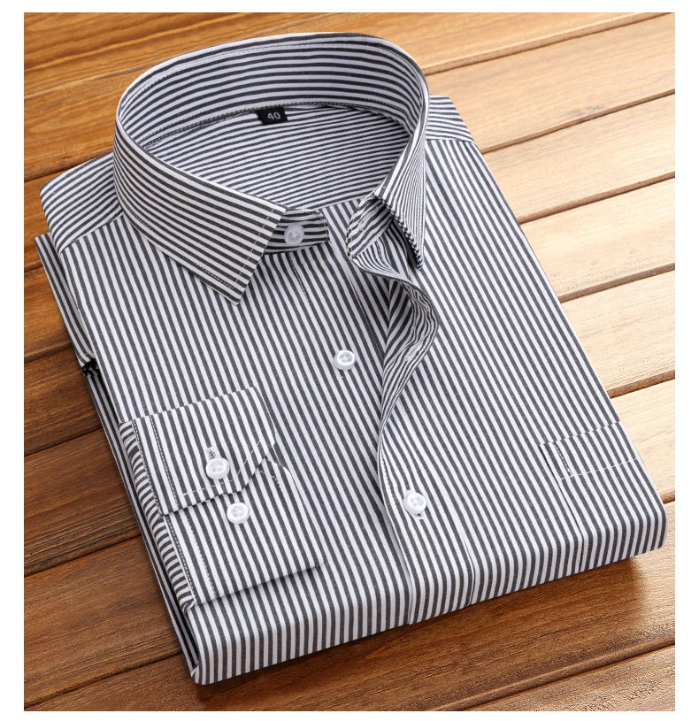 Men's formal long-sleeved office shirt. solid color striped with pockets anti-wrinkle no-iron