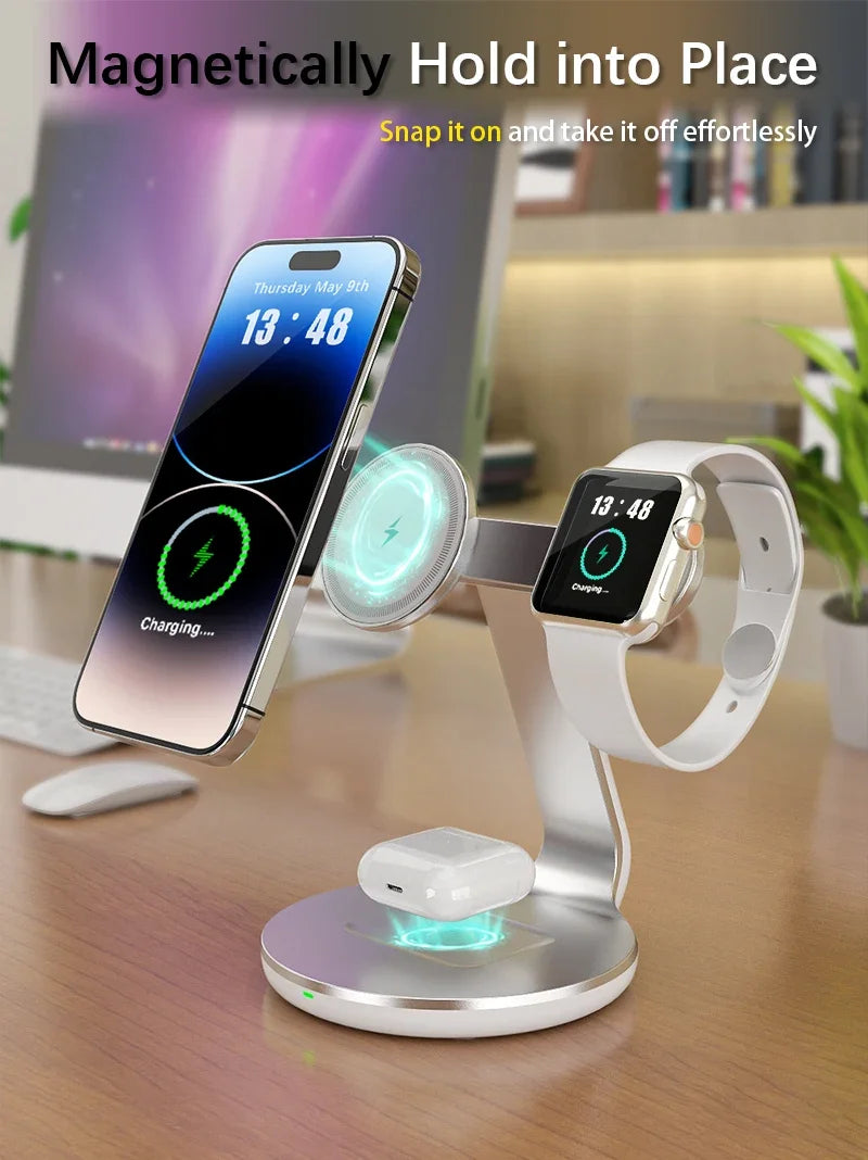 30W 3-in-1 Magnetic Wireless Charger Stand – Fast Charging Station for MagSafe iPhone 16/15/14/13 Pro Max, Apple Watch 8/7 & AirPods Pro