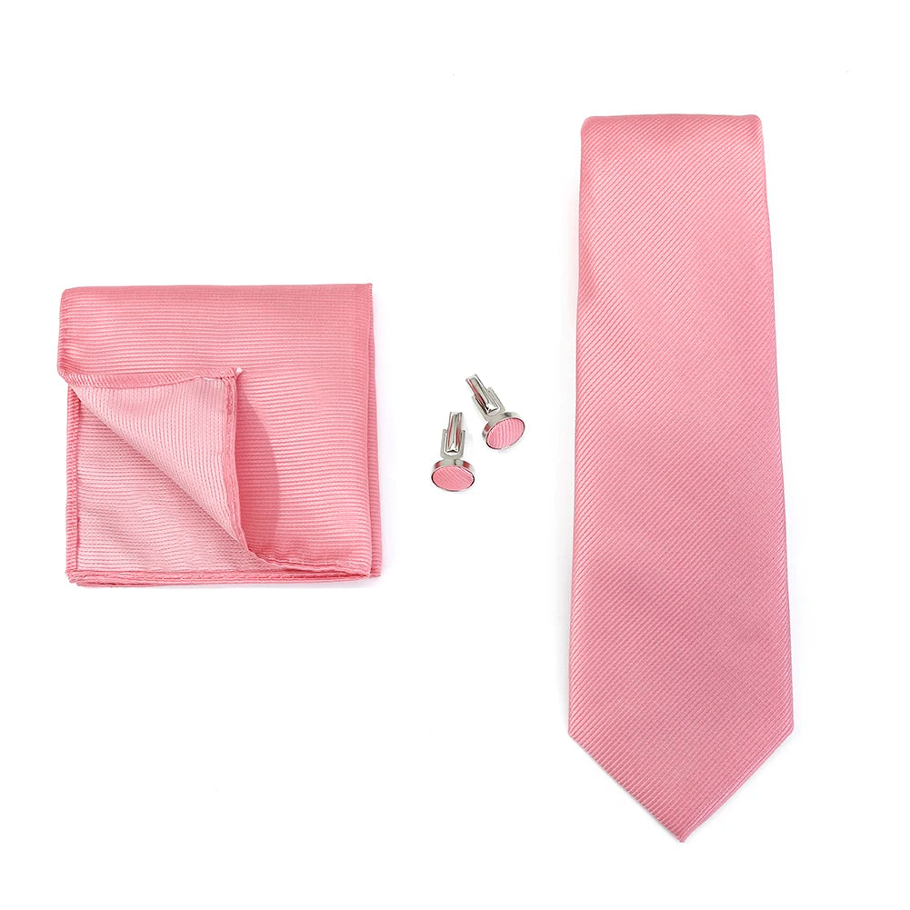 Necktie Fashion Brand Handmade Solid Necktie Handkerchief Cufflinks Set for Men