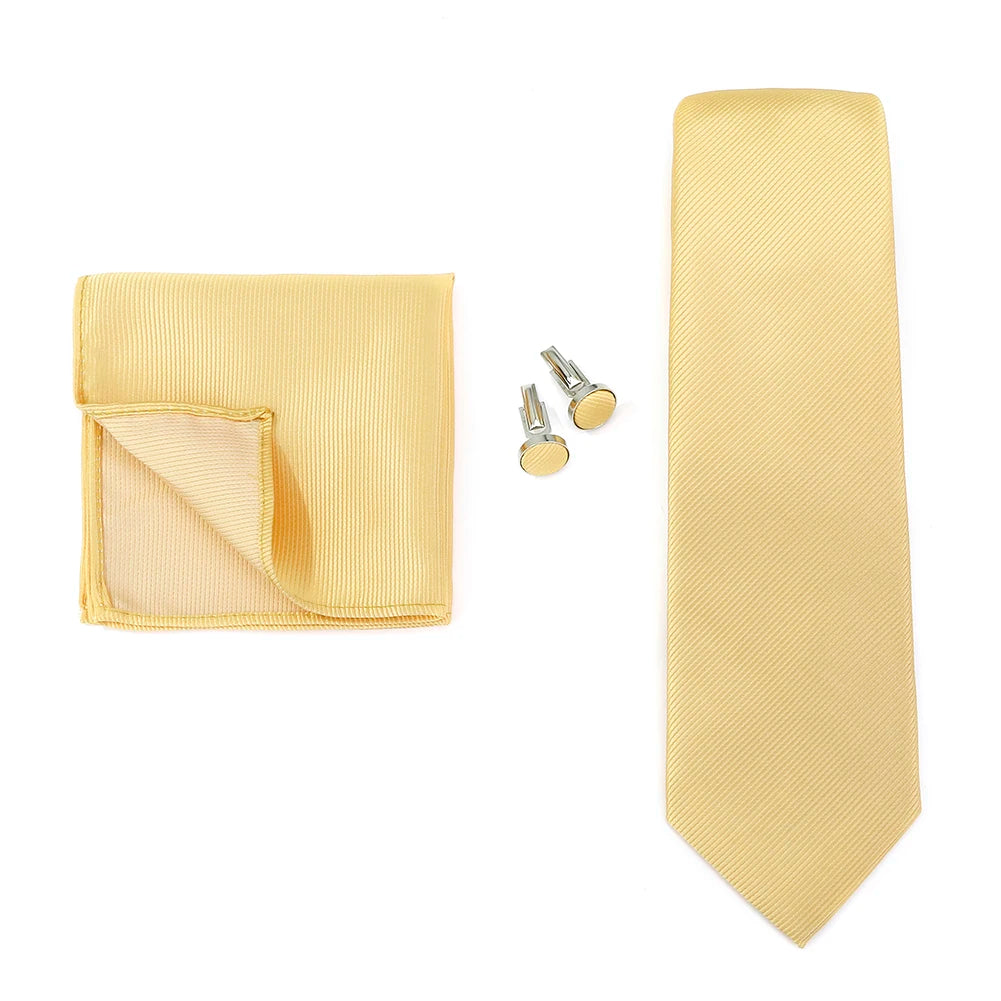 Necktie Fashion Brand Handmade Solid Necktie Handkerchief Cufflinks Set for Men