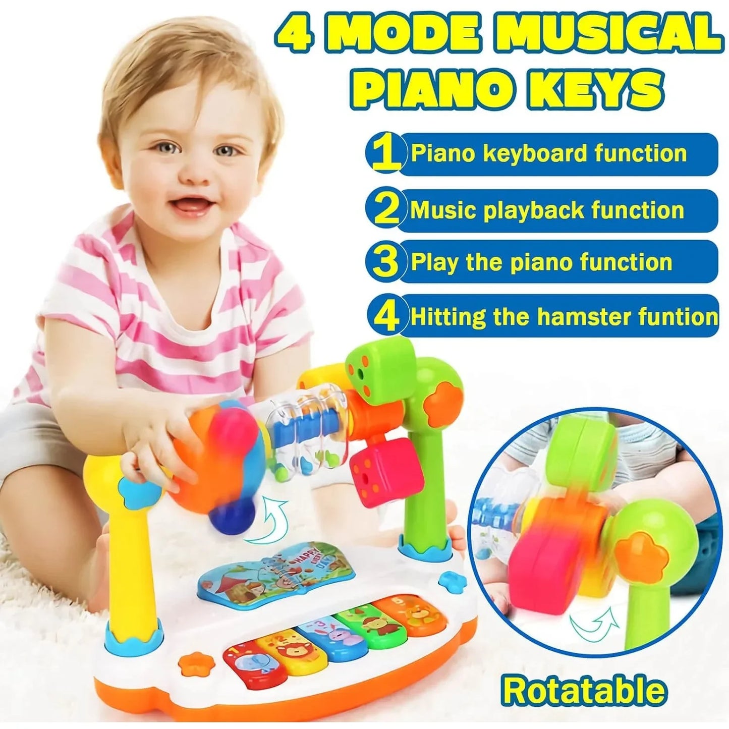 Baby Piano Toys Kids Rotating Music Piano Keyboard with Light Sound, Musical Toys .