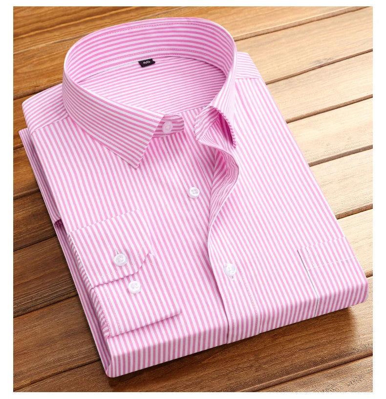 Men's formal long-sleeved office shirt. solid color striped with pockets anti-wrinkle no-iron