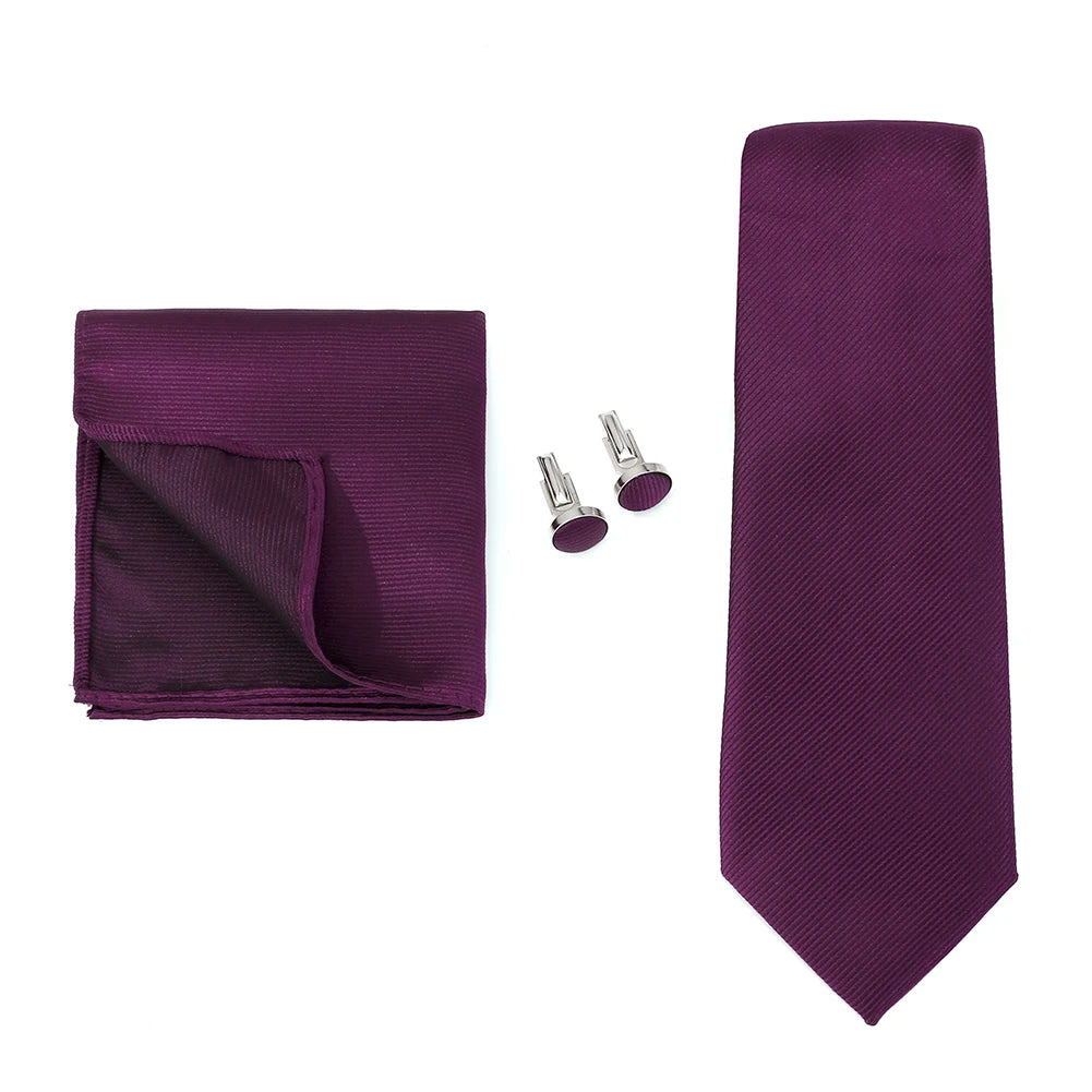 Necktie Fashion Brand Handmade Solid Necktie Handkerchief Cufflinks Set for Men