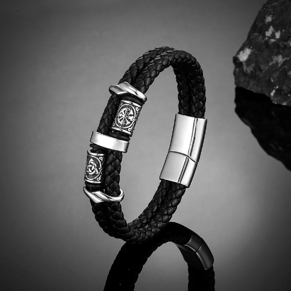 Punk Men Vikings Style Genuine Leather Bracelet Braided Multilayer Stainless Steel Norse Runes Bead Bangles Couple Jewelry Gift