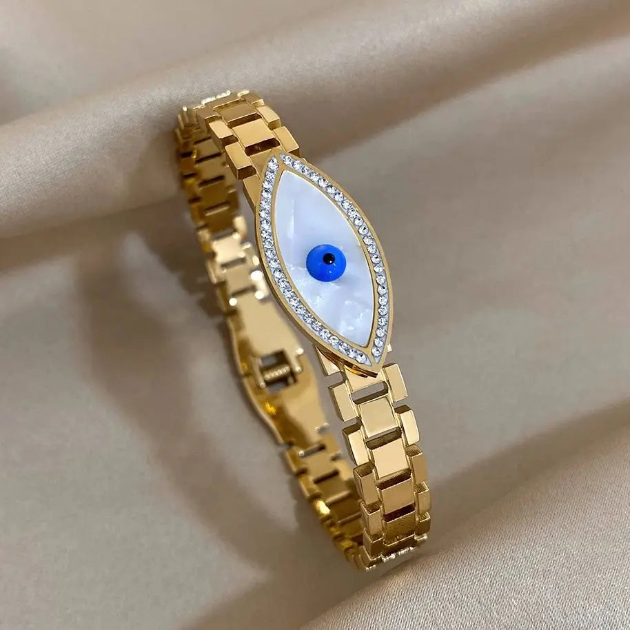 Trendy Rhinestone Shell Devil's Eye Stainless Steel Bracelet for Women Glossy Gold Plated Cuff Bracelets Waterproof Jewelry