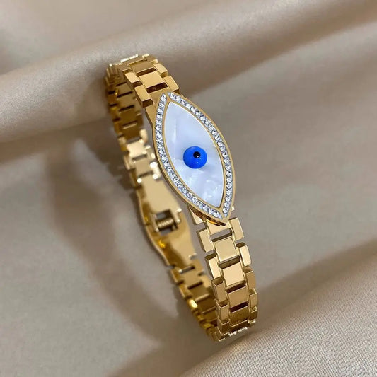 Trendy Rhinestone Shell Devil's Eye Stainless Steel Bracelet for Women Glossy Gold Plated Cuff Bracelets Waterproof Jewelry