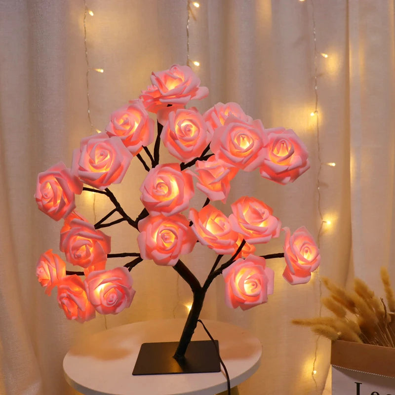 LED Rose Night Light,24-LED Floral Tree Lamp,USB-Powered,Romantic Desk Decor,Gift for Christmas,Birthday,Home,Party Decoration