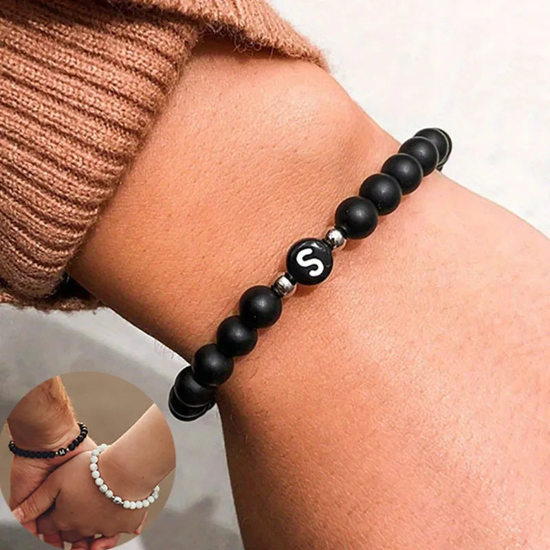 Initial Bracelet for Men and Woman Black Onyx 6mm Beads Bracelet with Letter Relationship Jewelry for Couples Alphabet bracelet