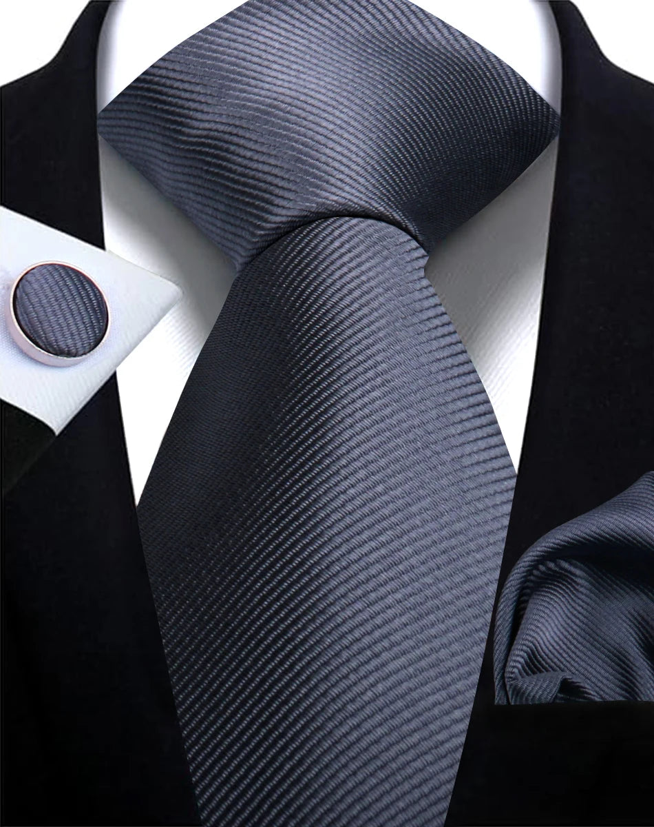 Necktie Fashion Brand Handmade Solid Necktie Handkerchief Cufflinks Set for Men
