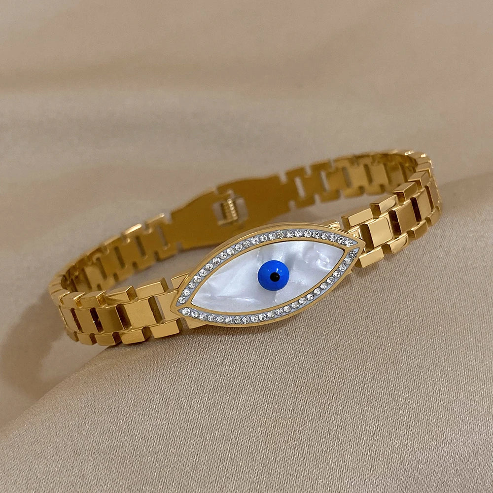 Trendy Rhinestone Shell Devil's Eye Stainless Steel Bracelet for Women Glossy Gold Plated Cuff Bracelets Waterproof Jewelry