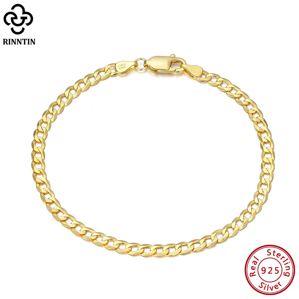 Rinntin 18K Gold Over 925 Sterling Silver 3mm Italian Cuban Chain Bracelet for Women Men Trendy Silver Bracelet Jewelry SB123